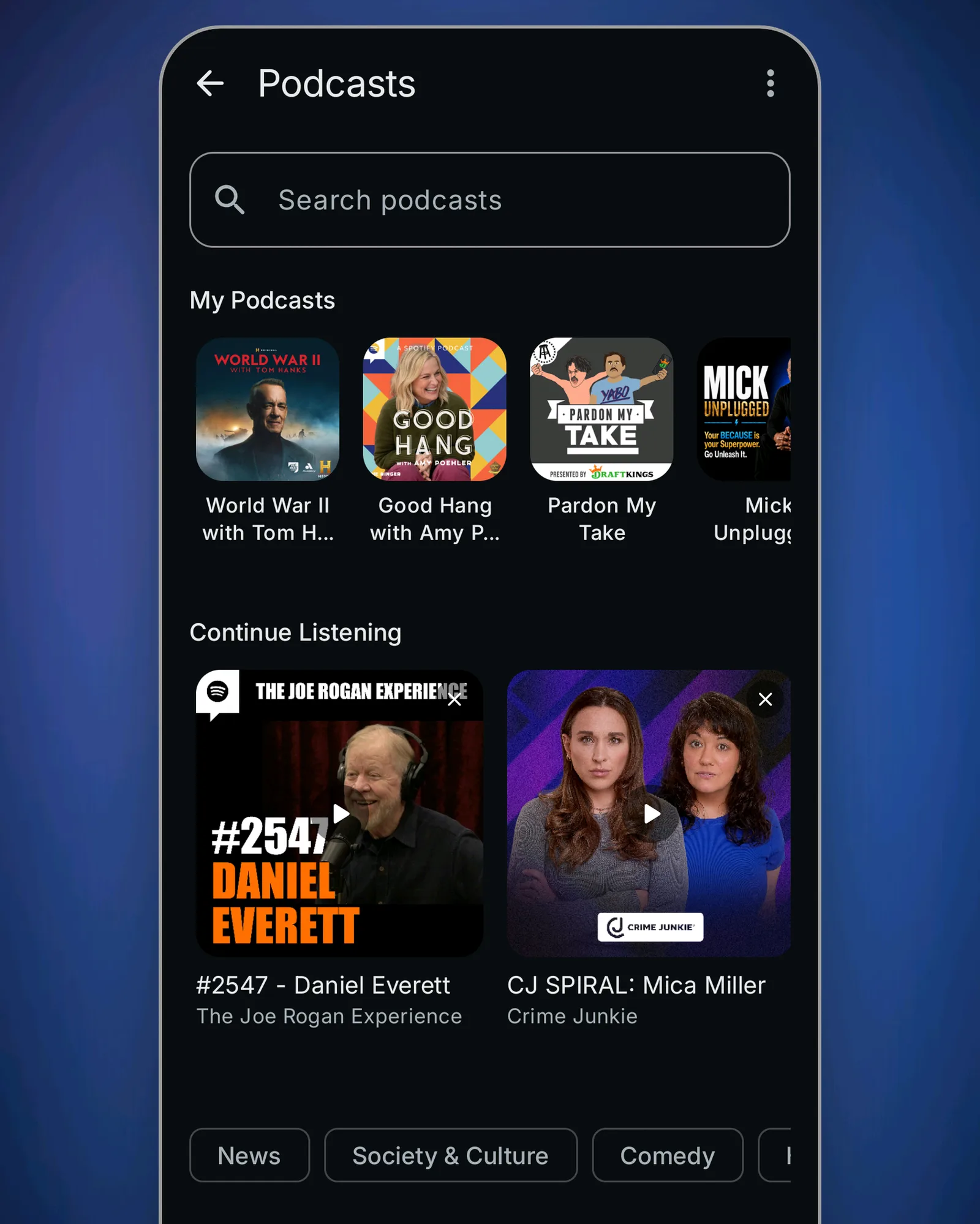 Podcasts, Live TV, Radio